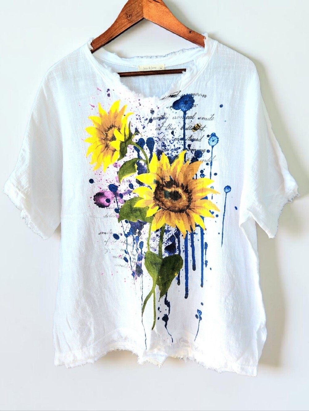 Jess Jane Slub Cotton Raw Hem Sunflower Top Womens M Boxy Dolman Mineral Wash